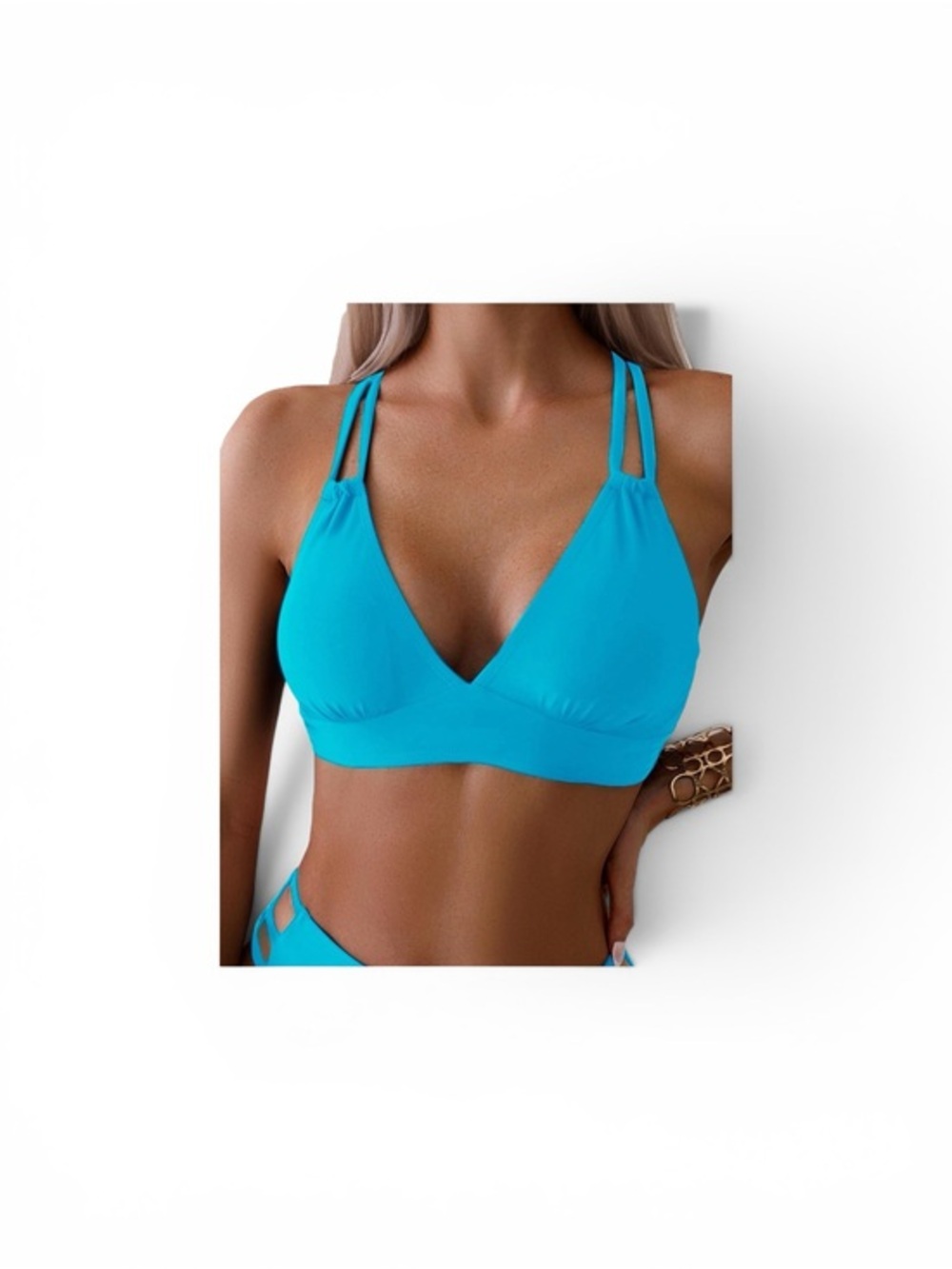 New! Blue V-Neck Strappy Bikini Top - Women Swim Size M